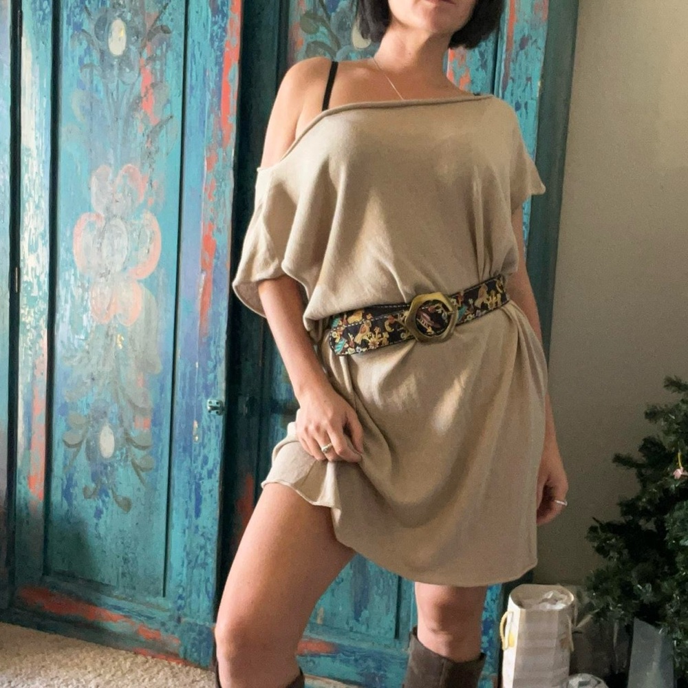 Seemless off shoulder dress tan brown beige boho